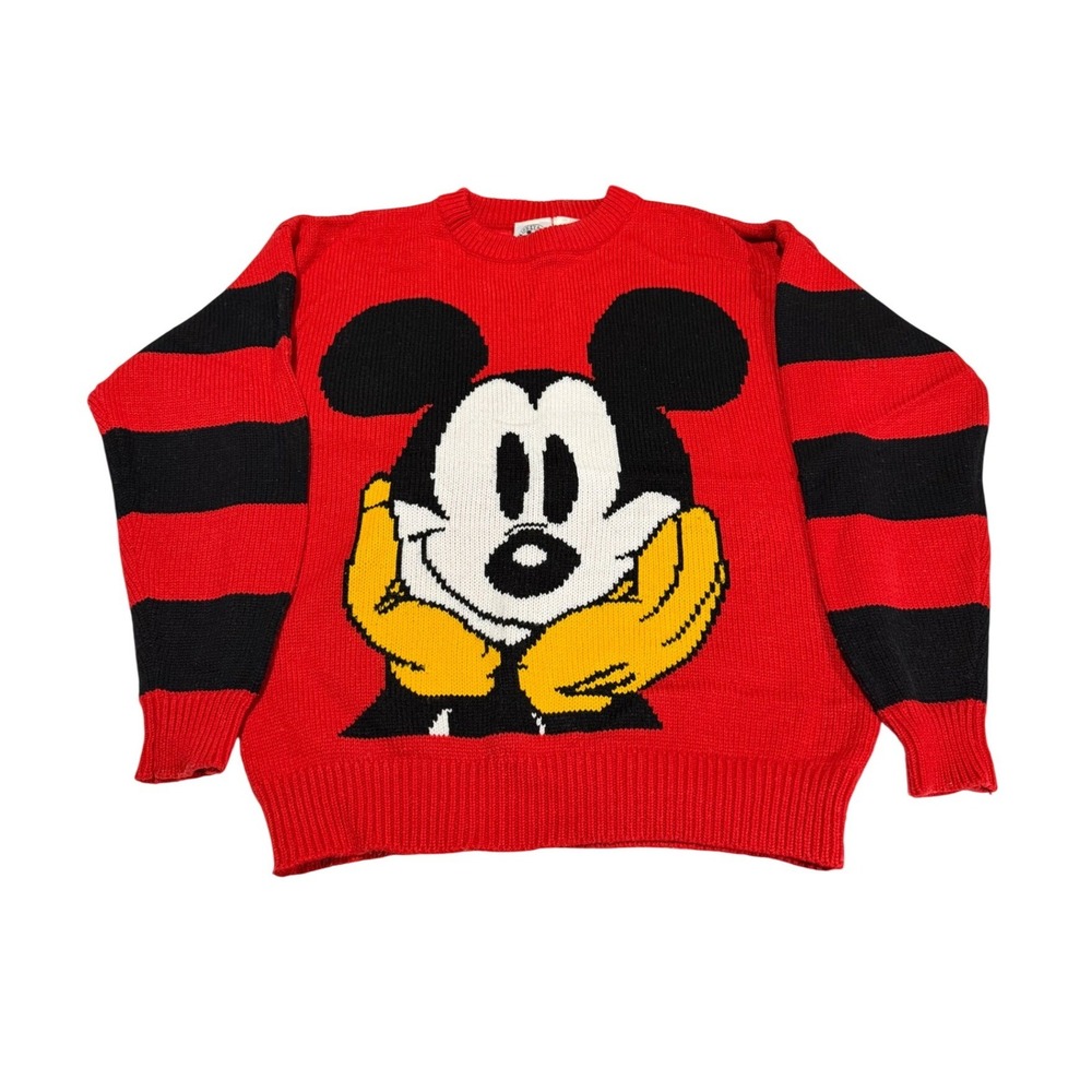 Vintage Y2K Mickey & Co Donnkenny Mickey Mouse Red Striped Sleeve Sweater Medium